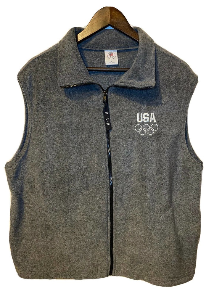 US Olympic Committee Mens Moc Neck Sleeveless Full Zip Fleece Vest Gray Size XL